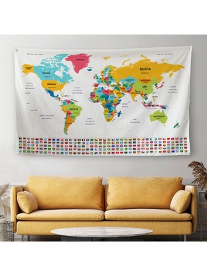 Türkçe Ülke Bayrak Lı Eğitici Başkent Detaylı Atlası Dünya Haritası Duvar Örtüsü-Halısı 3834