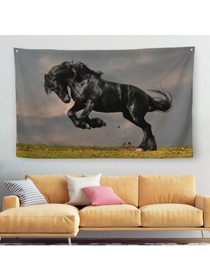Şaha Kalkmış Siyah At Duvar ÖRTÜSÜ-HALISI-6620