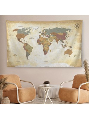 Eskitme Dünya Haritası Vintage Dekoratif Kanvas Duvar Örtüsü-Halısı 1093