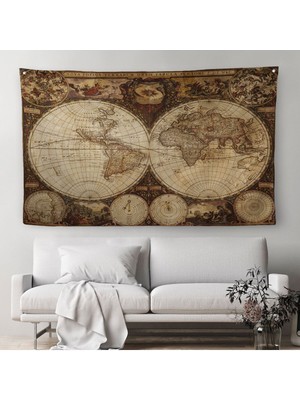 Duvar Örtüsü Eski Wintage Dünya Haritası Kaliteli Kanvas Duvar HALISI-4054