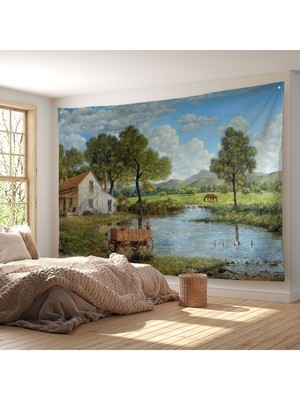 Duvar Örtüsü Köy Evi Manzaralı Kaliteli Kanvas Duvar HALISI-3986
