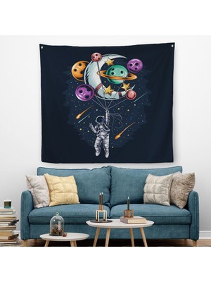 Ay ve Gezegenler Ile Uçan Astronot Duvar ÖRTÜSÜ-HALISI-5097