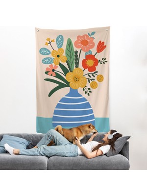 Minimalist Çiçek Mavi Vazoda Renkli Buket Duvar ÖRTÜSÜ-7664