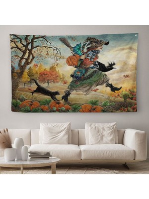 Cadı ve Kedisi Cadılar Bayramı Helloven Duvar Örtüsü-Halısı -6648