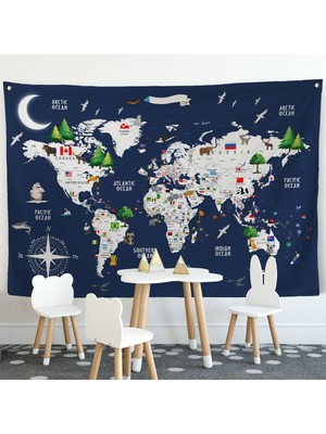Duvar Örtüsü Çocuk Odası Dünya Haritası Kaliteli Kanvas Duvar HALISI-4044