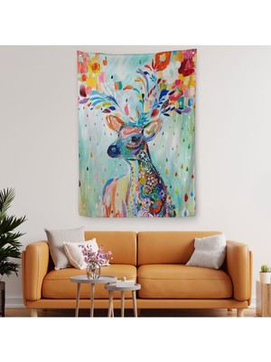 Renkli Çiçek Detaylı Geyik Dekoratif Duvar Örtüsü - HALISI-6196