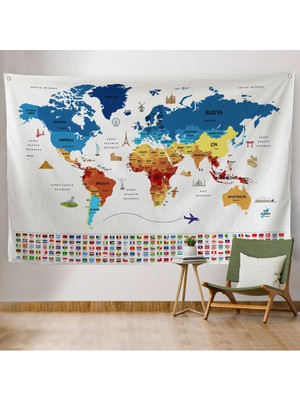 Duvar Örtüsü Bayrak Detaylı Türkçe Güncel Dünya Haritası Kanvas Duvar HALISI-4047