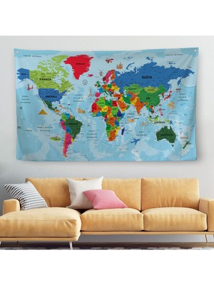Türkçe Eğitici Ülke ve Başkent Okyanus Detaylı Atlas Dünya Haritası Duvar Örtüsü-Halısı 3866
