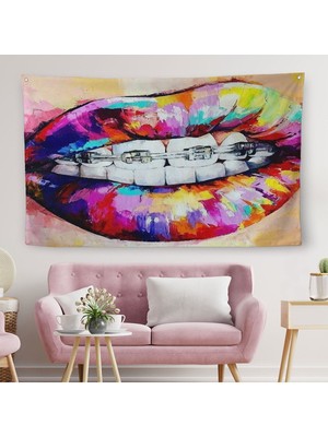Diş Teli ve Renkli Dudaklar Graffti Duvar ÖRTÜSÜ-HALISI-6651