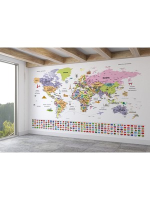 Ürkçe Dünya Haritası Ayrıntılı Eğitici Sembollü Bayraklı Dekoratif Duvar Kağıdı 2846