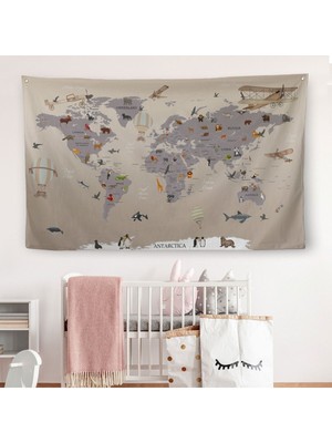Eğitici Dünya Haritası Dünya Atlası Çocuk ve Bebek Odası Duvar Örtüsü-Halısı 3814