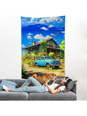 Şirin Ev Önündeki Mavi Araba Duvar ÖRTÜSÜ-7688