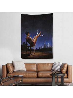 Ay'a Ayaklarını Koyup Dinlenen Kadın, Sürreal Sanat Duvar Örtüsü - HALISI-609