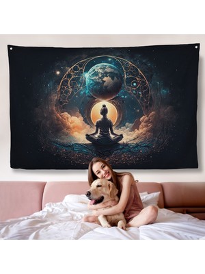 Meditasyon Yapan Kadın Lotus'ta Evrenle Bağlantı Duvar ÖRTÜSÜ-7251