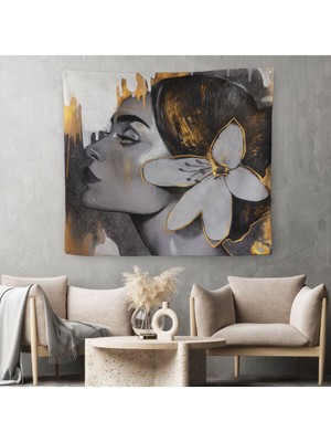 Çağdaş Altın Desenli Soyut Kadın Kanvas Duvar ÖRTÜSÜ-HALISI-5907