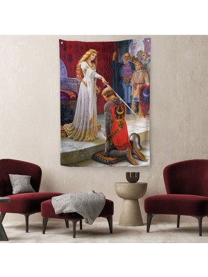 The Accolade - Edmund Blair Leighton Şövalyenin Kraliçeye Sadakat Duvar ÖRTÜSÜ-HALISI-6460