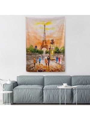 Eyfel Kulesi Manzaralı Yağlıboya Görünüm Dekoratif Duvar Örtüsü - HALISI-5929