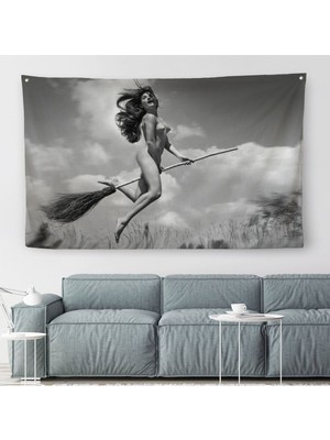 Süpürge Ile Uçan Çıplak Kandın Kanvas Duvar ÖRTÜSÜ-HALISI-5145