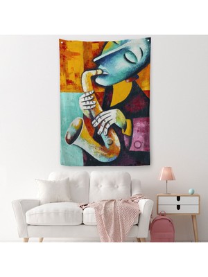 Saksafon Çalan Sürreal Müsizyen Dekoratif Duvar ÖRTÜSÜ-HALISI-6423