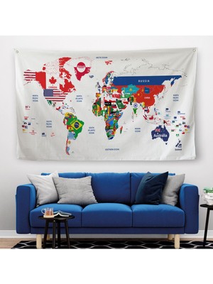Dünya Haritası Bayrak Desenli Dekoratif Kanvas Duvar Örtüsü-Halısı 1043