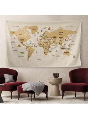 Türkçe Eğitici Ülke ve Başkent Detaylı Atlası Dekoratif Dünya Haritası Duvar Örtüsü-Halısı 3839