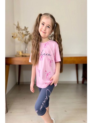 Fiyonk Desenli Kız Çocuk Pembe Renk Taytlı Takım