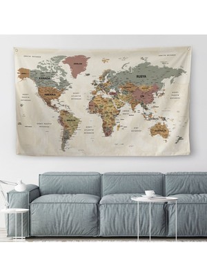 Duvar Örtüsü / Halısı Detaylı Güncel Türkçe Pastel Dünya Haritası -3980