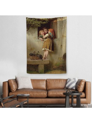 Pencerede Sohbet Eden Çocuklar Duvar Örtüsü - Halısı, Johann Georg Meyer Von BREMEN-630