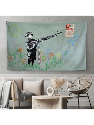 Bansky'nin Makineli Tüfekli Çocuk Isimli Eseri Kanvas Duvar Örtüsü-Halısı, No PARKING-5008