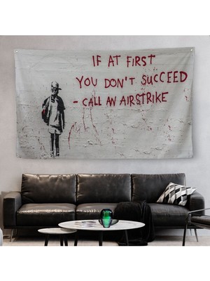 Banksy, Ilk Başta Başarılı Olamazsanız, Hava Saldırısı Yapın, Kanvas Duvar ÖRTÜSÜ-HALISI-5005