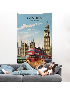 Londra Şehir Manzarası ve Kırmızı Otobüs Duvar ÖRTÜSÜ-7712