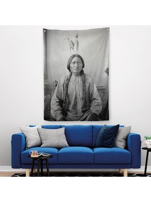 Oturan Boğa Duvar Örtüsü Halısı Amerikaya Karşı Savaşan Son Kızılderili Kabile Şefi 6416
