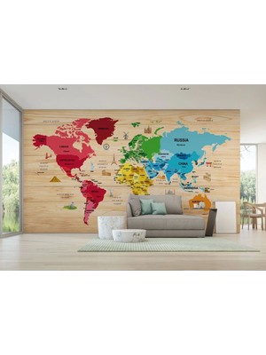 Ingilizce Dünya Haritası Duvar Kağıdı Ahşap Görünümlü Detaylı -2107