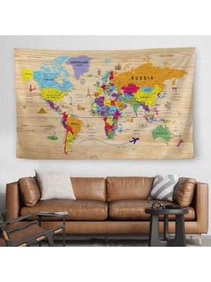 Ahşap Görünümlü Eğitici Detaylı Atlası Dekoratif Dünya Haritası Duvar Örtüsü-Halısı 3842