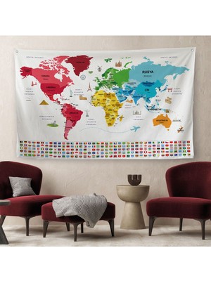 Türkçe Ülke Bayrak Lı Eğitici Başkent Detaylı Atlası Dünya Haritası Duvar Örtüsü-Halısı 3861