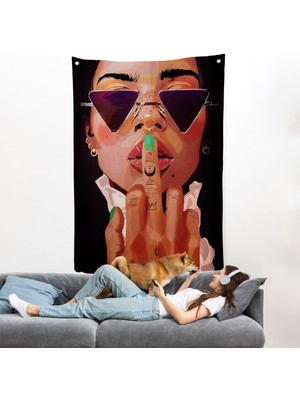 parmak ışareti yapan  kadın duvar örtüsü-7747