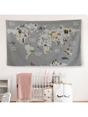 Eğitici Dünya Haritası Dünya Atlası Çocuk ve Bebek Odası Duvar Örtüsü-Halısı 3794