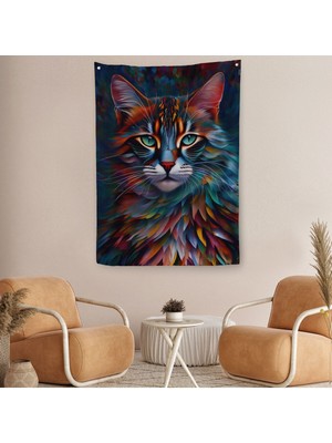 Renkli Karizmatik Kedi Dekoratif Duvar Örtüsü - HALISI-6225