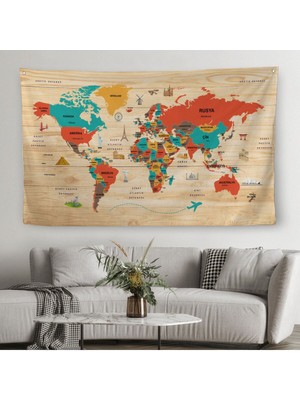 Ahşap Görünümlü Türkçe Eğitici Detaylı Atlası Dekoratif Dünya Haritası Duvar Örtüsü-Halısı 3867