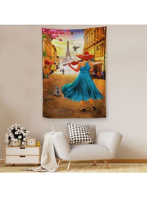 Paris De Etfel Kulesine Karşı Keman Çalan Kız Duvar Örtüsü - HALISI-6006