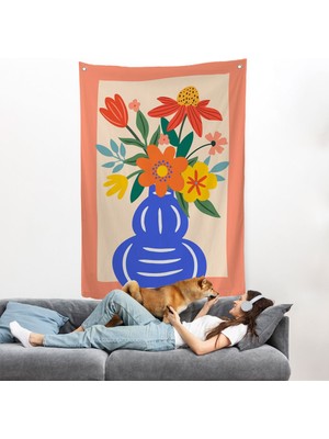 Minimalist Çiçek Mavi Vazoda Renkli Buket Duvar ÖRTÜSÜ-7666