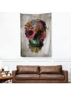 Şeker Kafatası Rengarenk Çiçekli Kafatası Ölülerin Günü Duvar Örtüsü - Halısı -5253