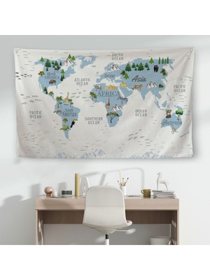 Eğitici Dünya Haritası Dünya Atlası Çocuk ve Bebek Odası Duvar Örtüsü-Halısı 3815