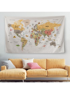Türkçe Eğitici Ülke ve Başkent Detaylı Atlası Dünya Haritası Duvar Örtüsü-Halısı 3854