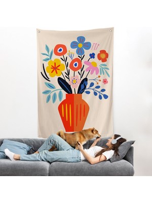 Minimalist Çiçek Mavi Vazoda Renkli Buket Duvar ÖRTÜSÜ-7668