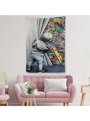 Bansky Tarzı Sokak Sanatı Dekoratif Duvar Örtüsü - HALISI-6168