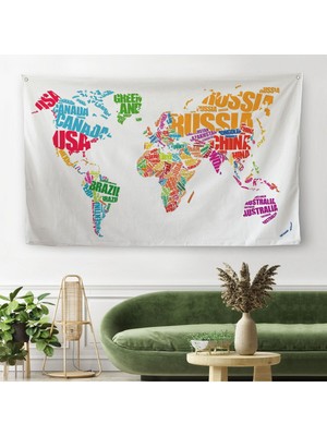 Renkli Ülke Isimli Dünya Haritası Kanvas Duvar Örtüsü-Halısı 1011