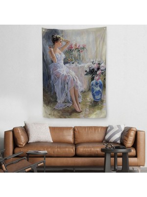 Beyaz Elbiseli Güzel Kız Dekoratif Duvar Örtüsü - HALISI-6108