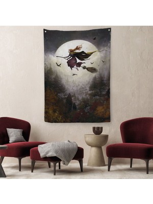 Süpürge ile Uçan Cadı, Cadılar Bayramı Helloven Duvar Örtüsü - HALISI-6159