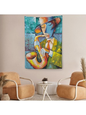Saksafon Çalan Adam Kanvas Duvar ÖRTÜSÜ-HALISI-6461